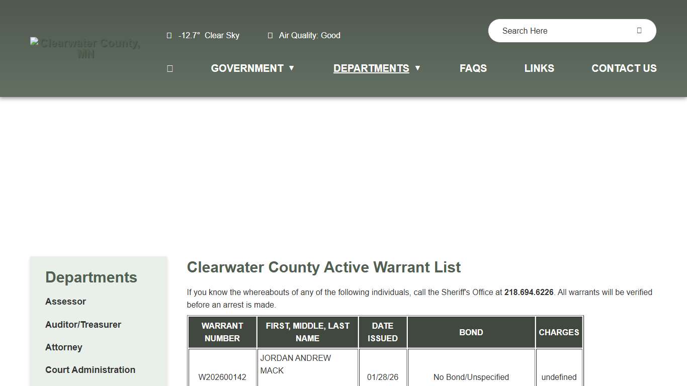 Warrant List - Clearwater County, MN